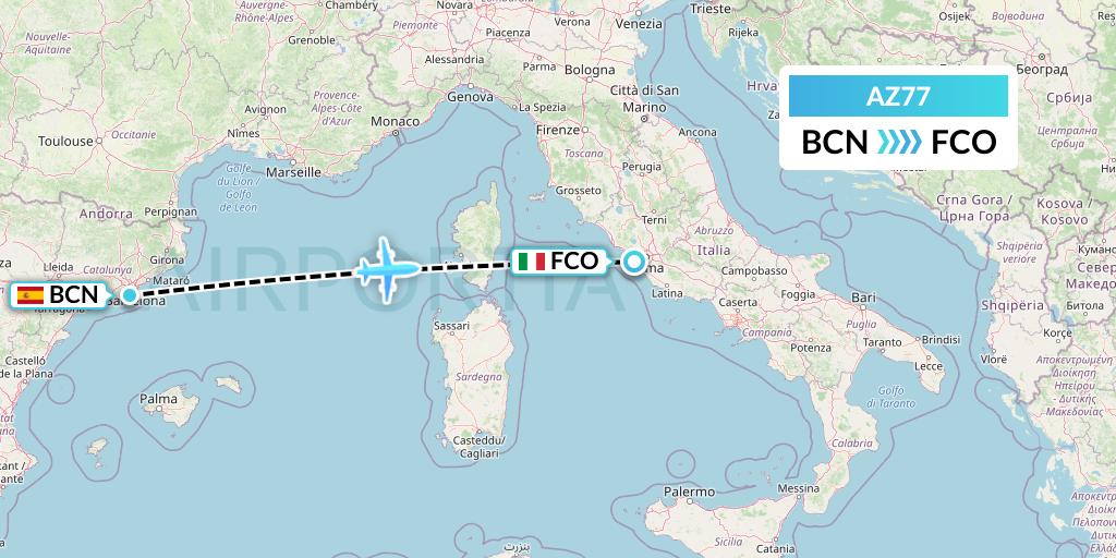 AZ77 ITA Airways Flight Map: Barcelona to Rome