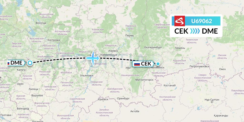 U69062 Ural Airlines Flight Map: Chelyabinsk to Moscow