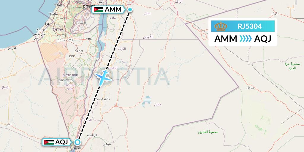 RJ5304 Royal Jordanian Flight Map: Amman to Aqaba