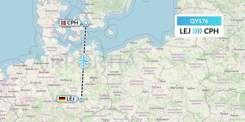QY176 European Air Transport Flight Map: Leipzig to Copenhagen