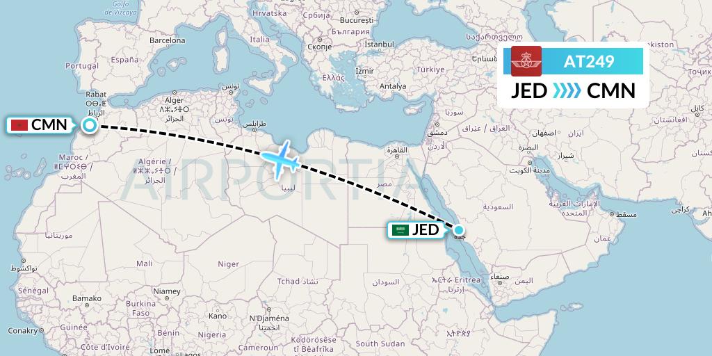 AT249 Royal Air Maroc Flight Map: Jeddah to Casablanca