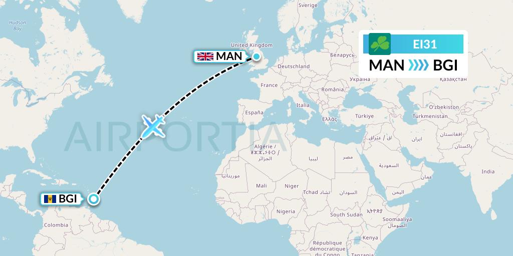 EI31 Aer Lingus Flight Map: Manchester to Bridgetown