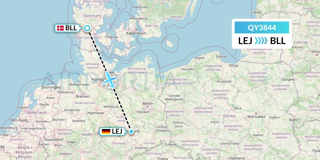 QY3844 European Air Transport Flight Map: Leipzig to Billund