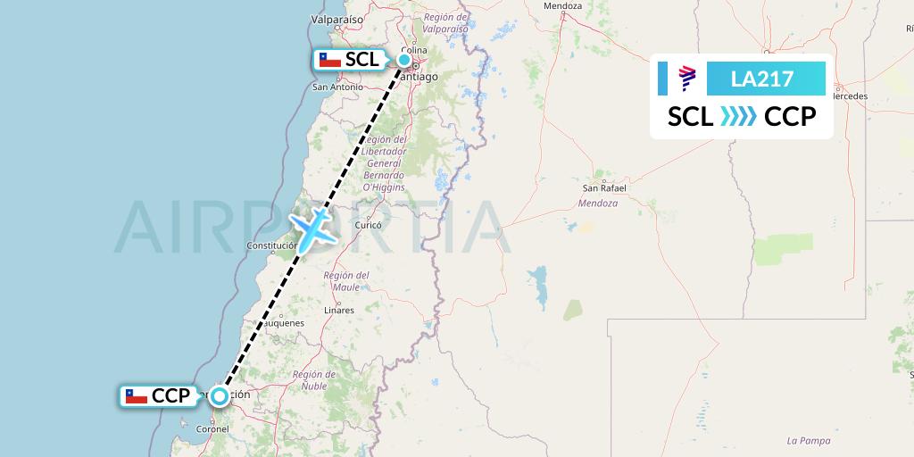 LA217 LAN Airlines Flight Map: Santiago to Concepcion