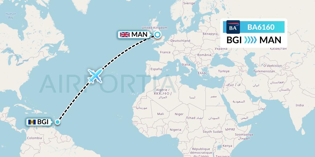 BA6160 British Airways Flight Map: Bridgetown to Manchester