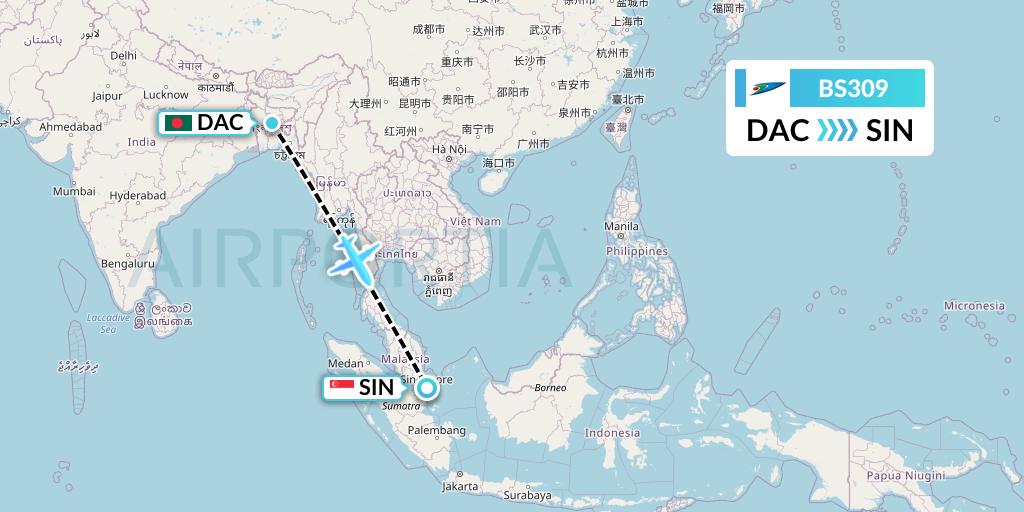 BS309 US-Bangla Airlines Flight Map: Dhaka to Singapore