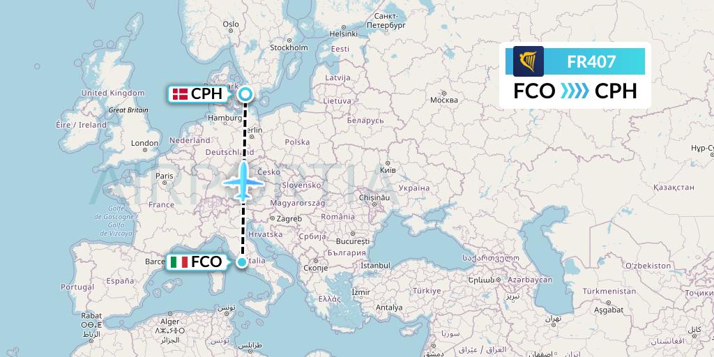 FR407 Ryanair Flight Map: Rome to Copenhagen