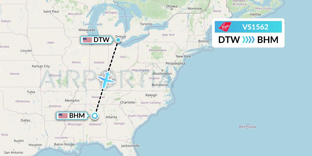VS1562 Virgin Atlantic Airways Flight Map: Detroit to Birmingham