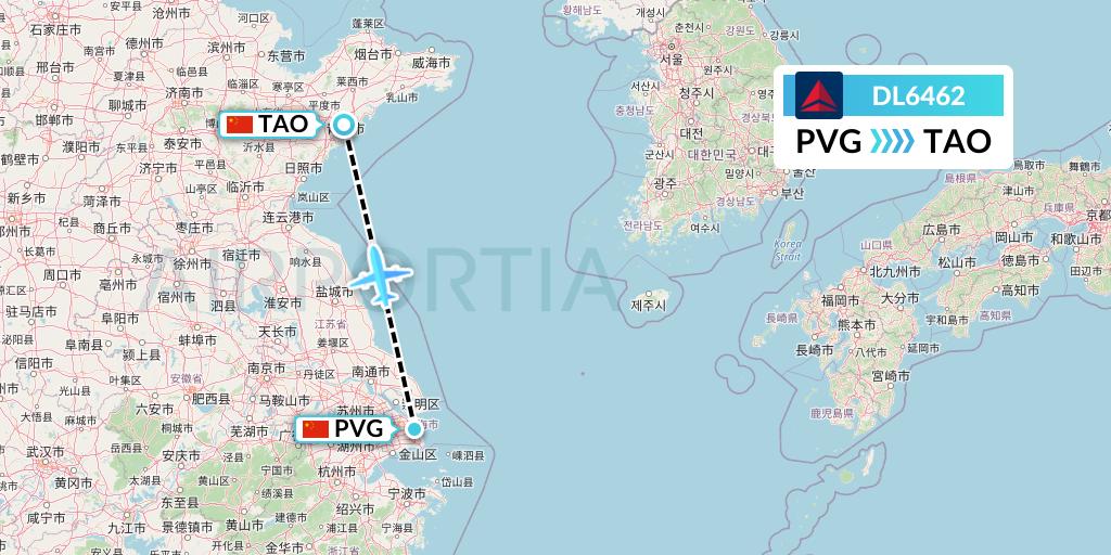 DL6462 Delta Air Lines Flight Map: Shanghai to Qingdao