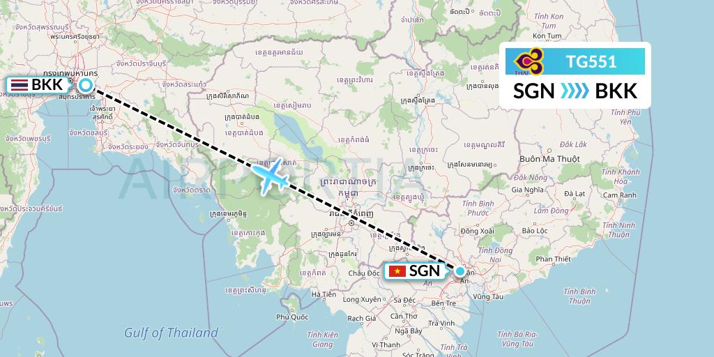 TG551 Thai Airways Flight Map: Ho Chi Minh City to Bangkok