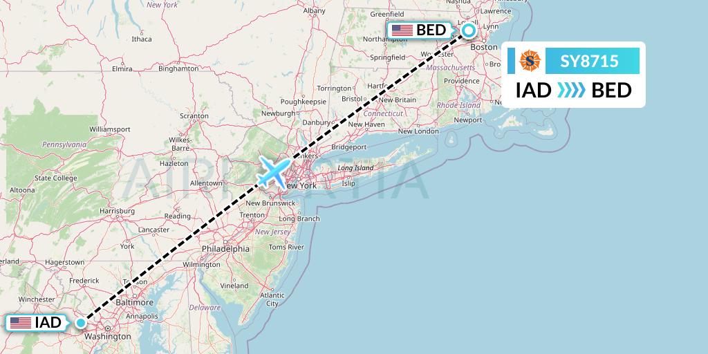 SY8715 Sun Country Airlines Flight Map: Washington to Bedford