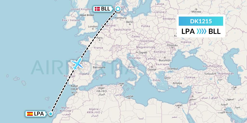 DK1215 Thomas Cook Airlines Scandinavia Flight Map: Las Palmas to Billund