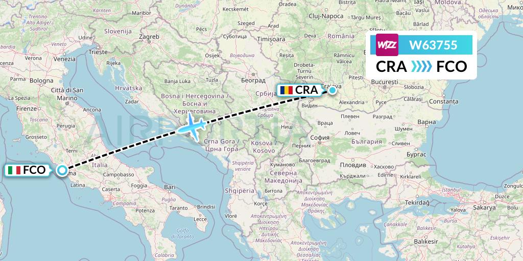 W63755 Wizz Air Flight Map: Craiova to Rome