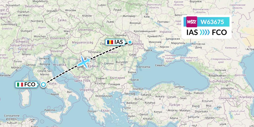 W63675 Wizz Air Flight Map: Iasi to Rome