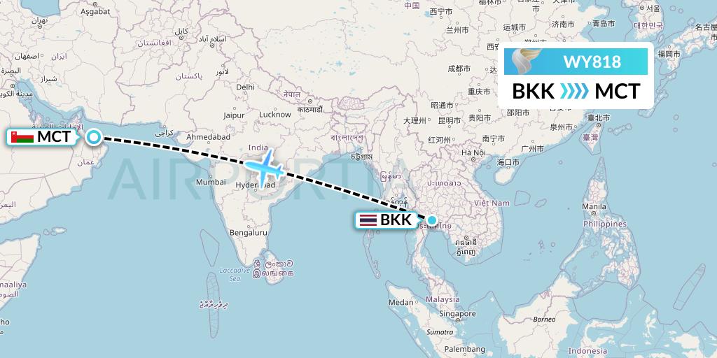 WY818 Oman Air Flight Map: Bangkok to Muscat
