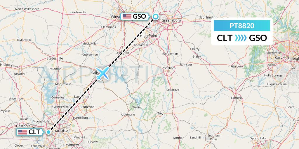 PT8820 Piedmont Airlines Flight Map: Charlotte to Greensboro