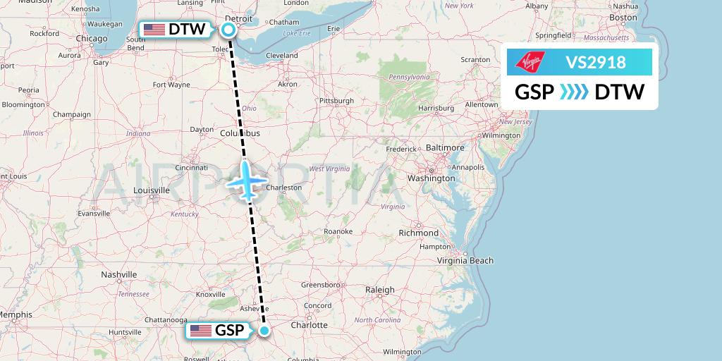 VS2918 Virgin Atlantic Airways Flight Map: Greenville-Spartanburg to Detroit