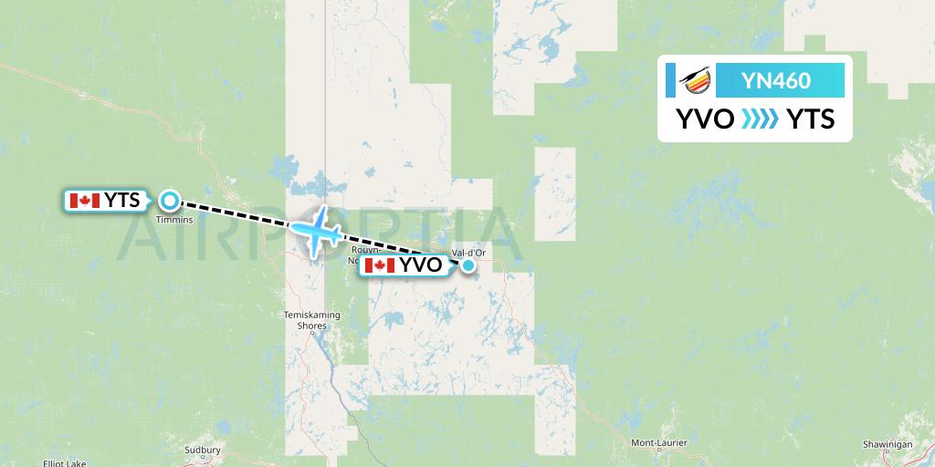 YN460 Air Creebec Flight Map: Val-d'Or to Timmins