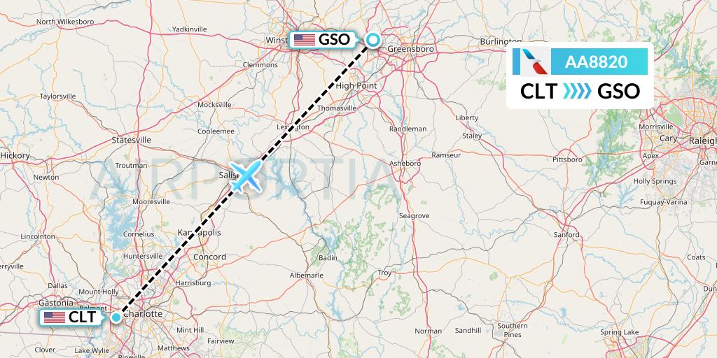 AA8820 American Airlines Flight Map: Charlotte to Greensboro