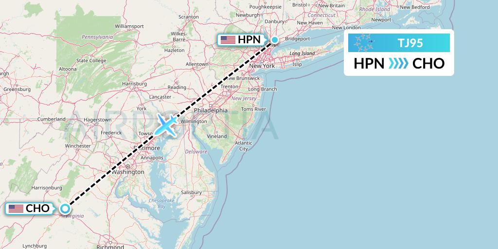 TJ95 Tradewind Aviation Flight Map: White Plains to Charlottesville