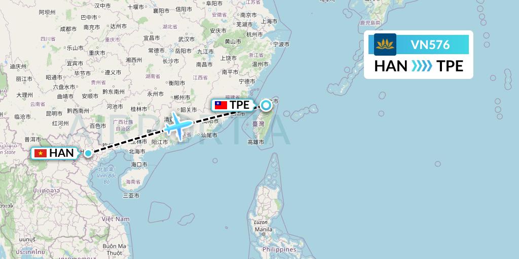 VN576 Vietnam Airlines Flight Map: Hanoi to Taipei