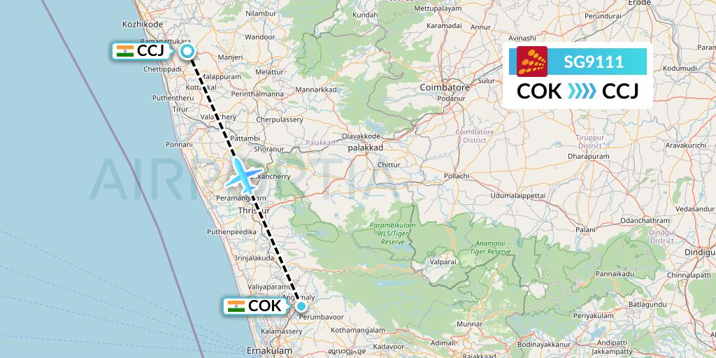 SG9111 SpiceJet Flight Map: Cochin to Kozhikode