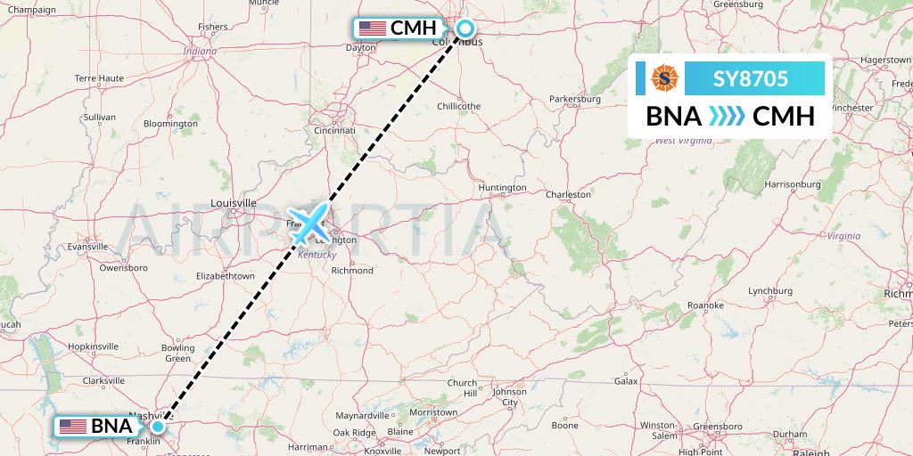 SY8705 Sun Country Airlines Flight Map: Nashville to Columbus