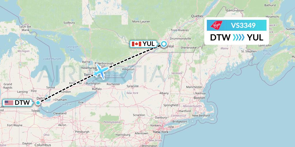 VS3349 Virgin Atlantic Airways Flight Map: Detroit to Montreal