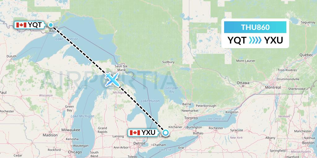THU860 Thunder Airlines Flight Map: Thunder Bay to London