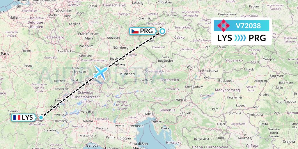 V72038 Volotea Flight Map: Lyon to Prague