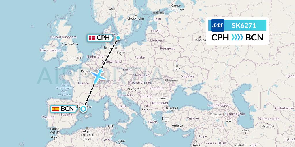 SK6271 SAS Flight Map: Copenhagen to Barcelona
