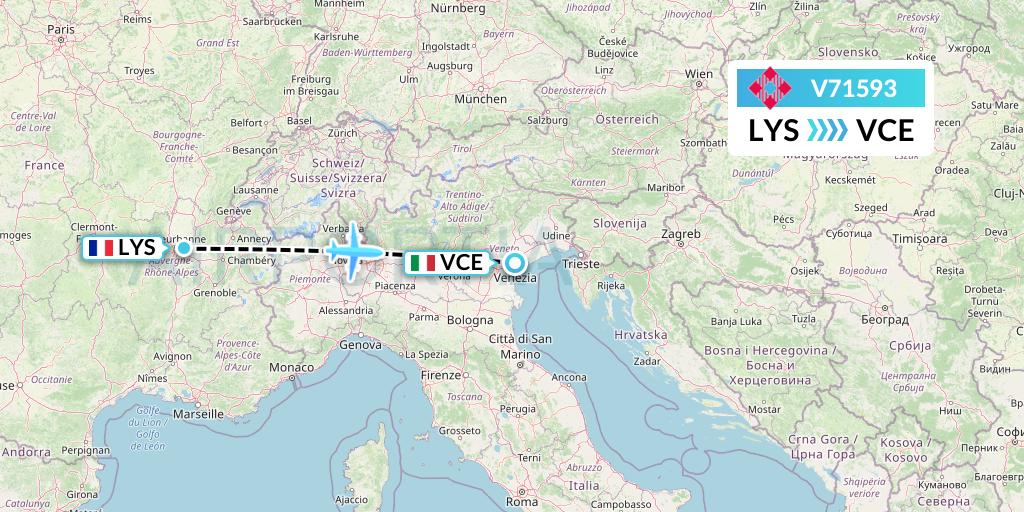 V71593 Volotea Flight Map: Lyon to Venice