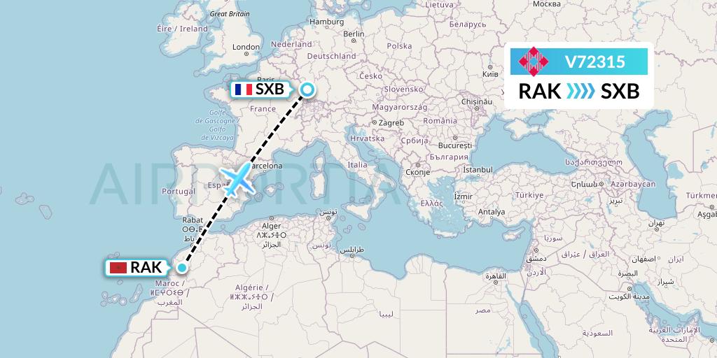 V72315 Volotea Flight Map: Marrakesh to Strasbourg