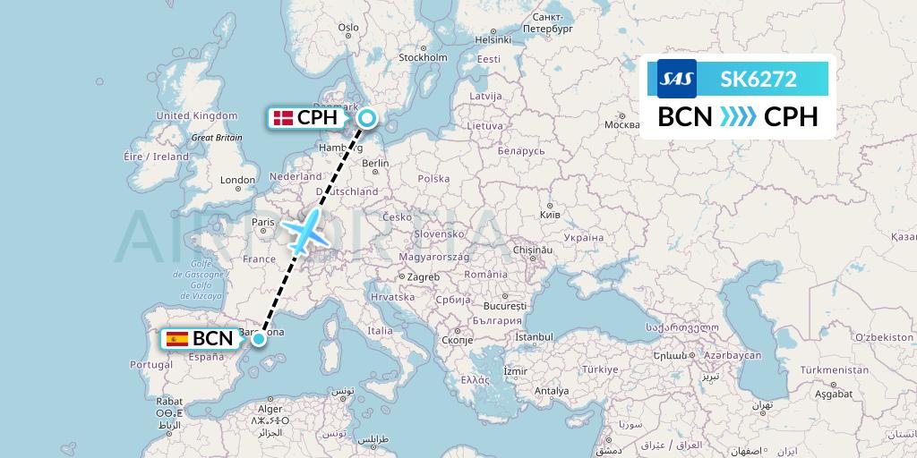 SK6272 SAS Flight Map: Barcelona to Copenhagen
