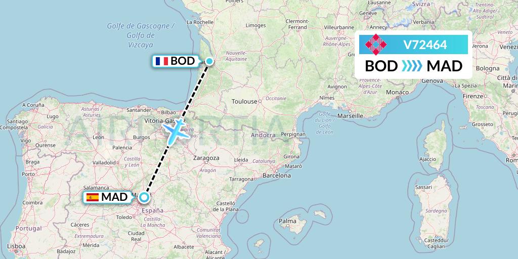 V72464 Volotea Flight Map: Bordeaux to Madrid