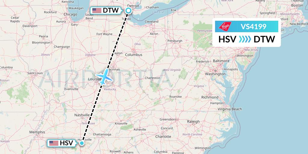 VS4199 Virgin Atlantic Airways Flight Map: Huntsville to Detroit