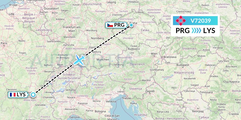 V72039 Volotea Flight Map: Prague to Lyon
