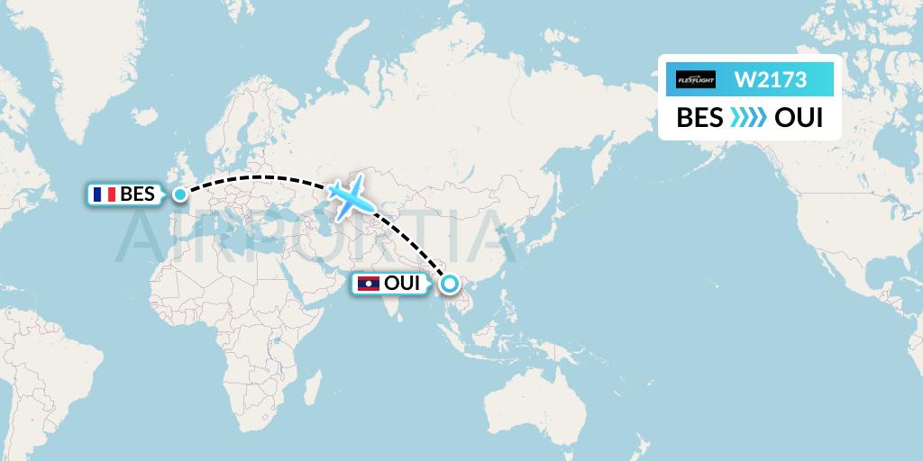 W2173 Flex Flight Flight Map: Brest to Laos