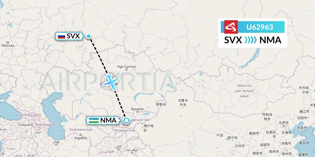 U62963 Ural Airlines Flight Map: Yekaterinburg to Namangan