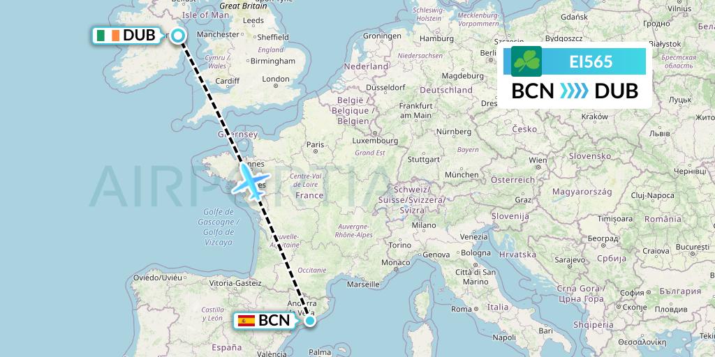 EI565 Aer Lingus Flight Map: Barcelona to Dublin