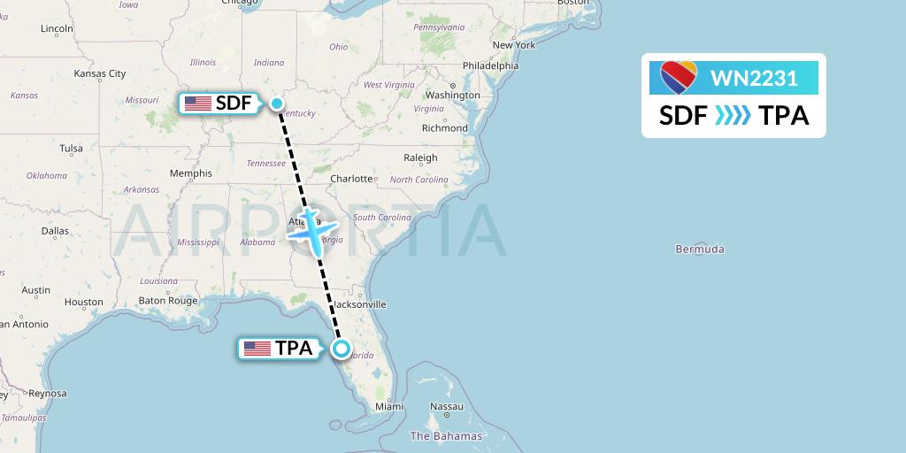 WN2231 Southwest Airlines Flight Map: Louisville to Tampa