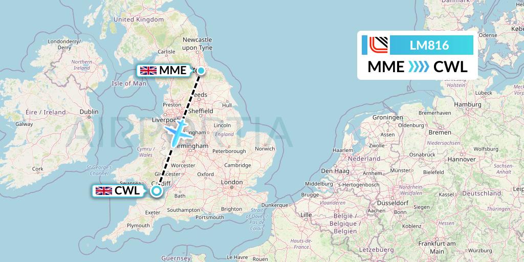 LM816 Loganair Flight Map: Darlington to Cardiff