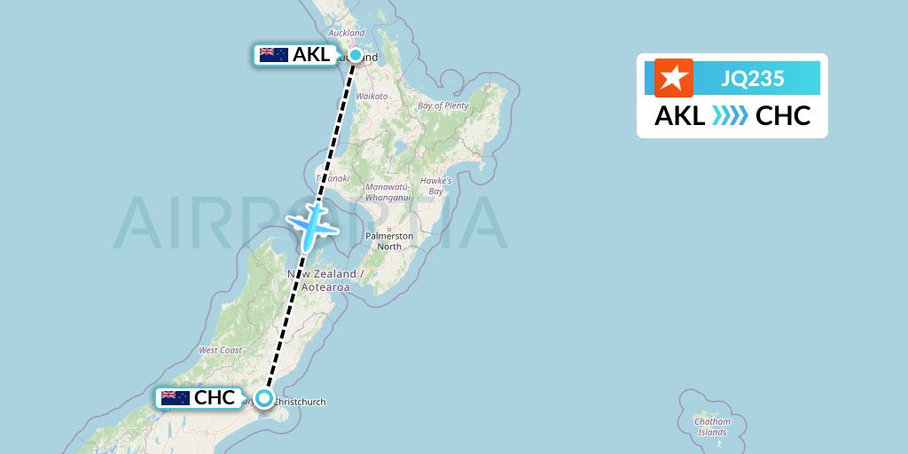 JQ235 Jetstar Airways Flight Map: Auckland to Christchurch