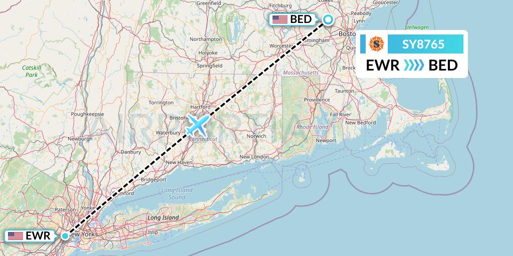 SY8765 Sun Country Airlines Flight Map: New York to Bedford