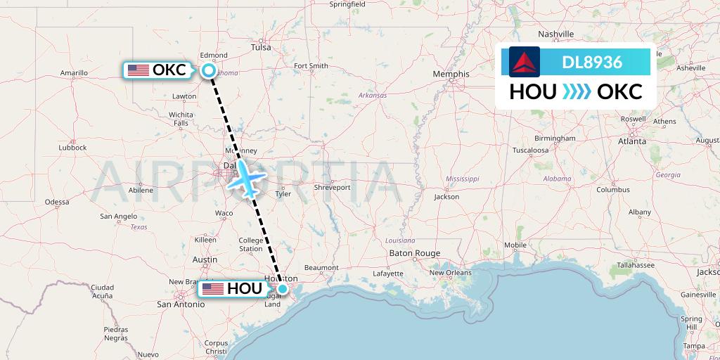 DL8936 Delta Air Lines Flight Map: Houston to Oklahoma City
