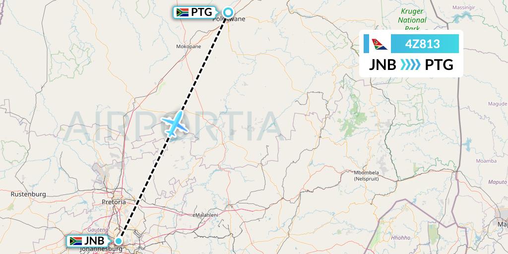 4Z813 Airlink Flight Map: Johannesburg to Polokwane