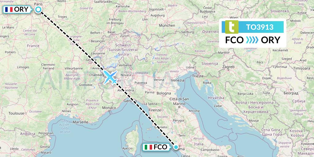 TO3913 Transavia France Flight Map: Rome to Paris