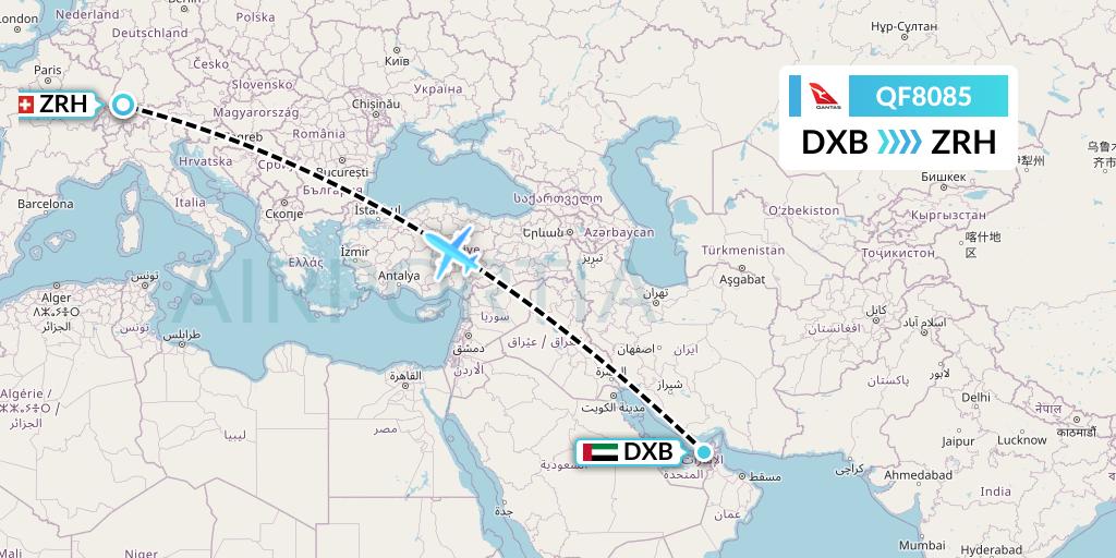 QF8085 Qantas Flight Map: Dubai to Zurich
