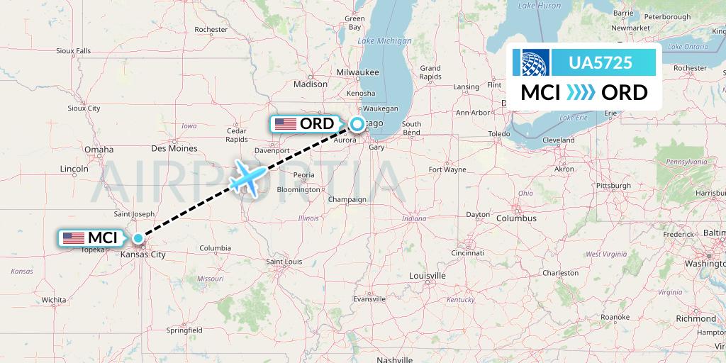 UA5725 United Airlines Flight Map: Kansas City to Chicago
