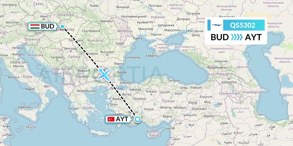 QS5302 Smartwings Flight Map: Budapest to Antalya